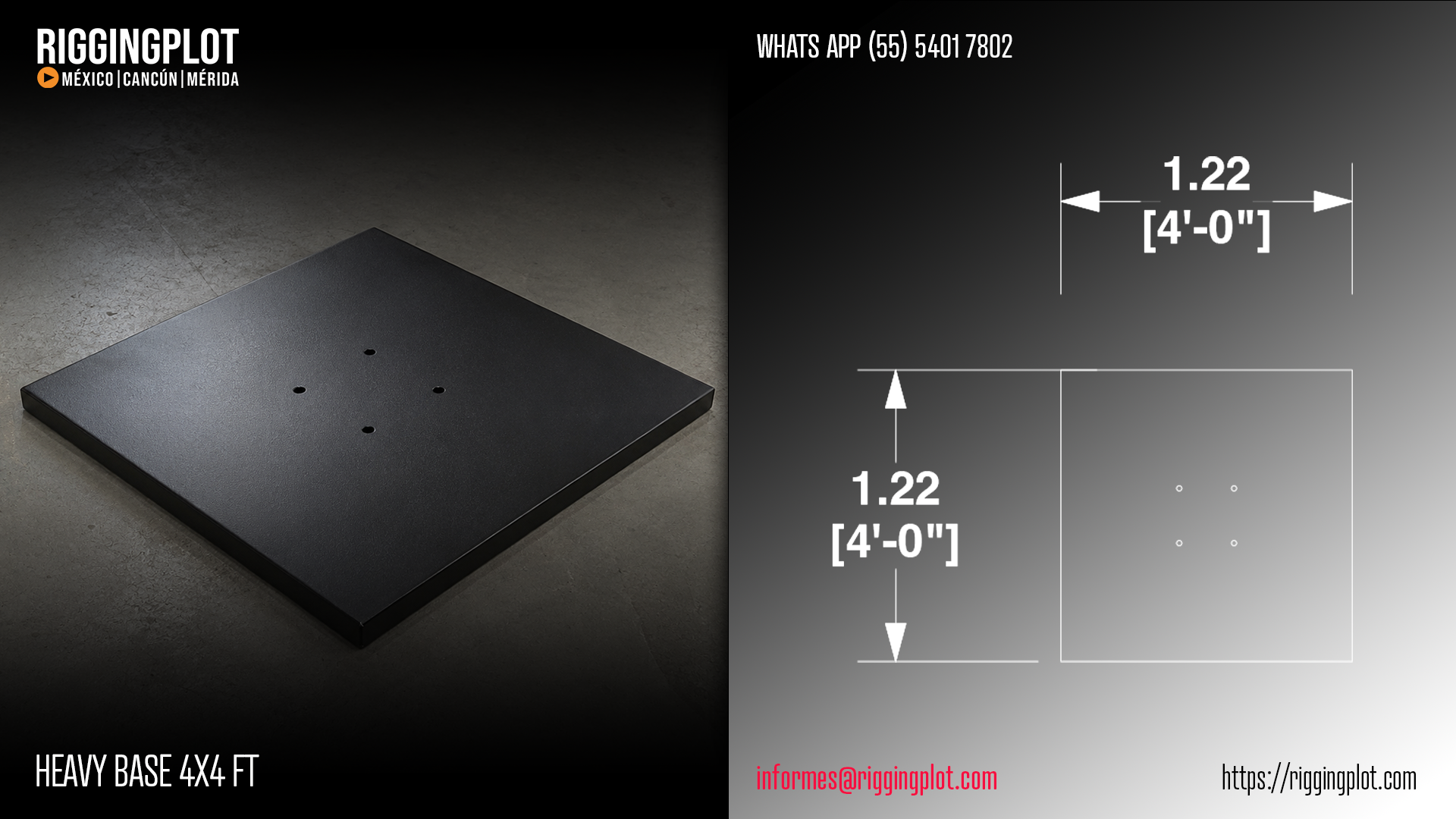 Renta y venta de contrapeso placa base de 1.22 x 1.22 mts (4 x 4 ft) para truss que se coloca directamente en la parte inferior de la truss para armar torres o columnas estructurales en hospitalities, stands y escenarios en México.