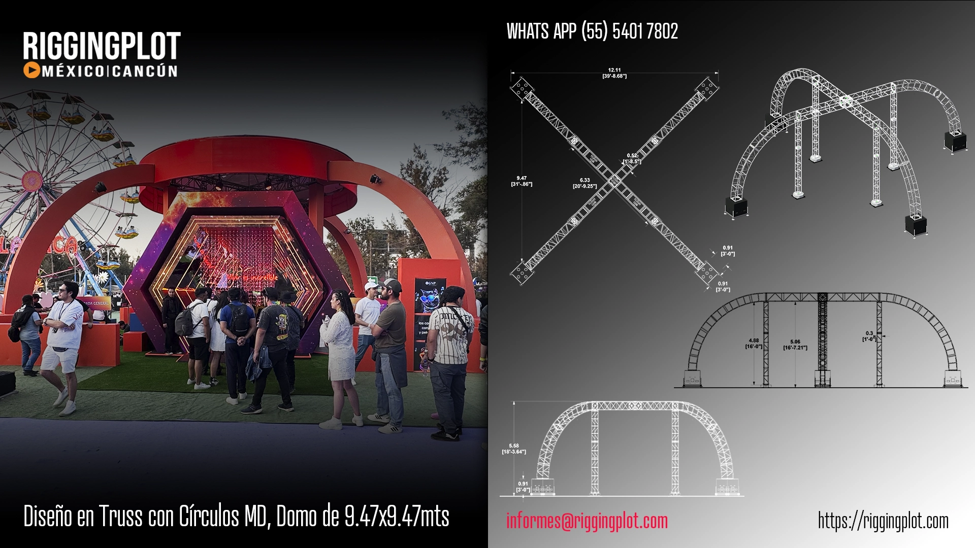 FICHA TÉCNICA DOMO DE 9.47x9.47MTS CON TRUSSES MD, DISEÑO EN TRUSSES MD, CON CÍRCULOS MD DE 6MTS MÉXICO